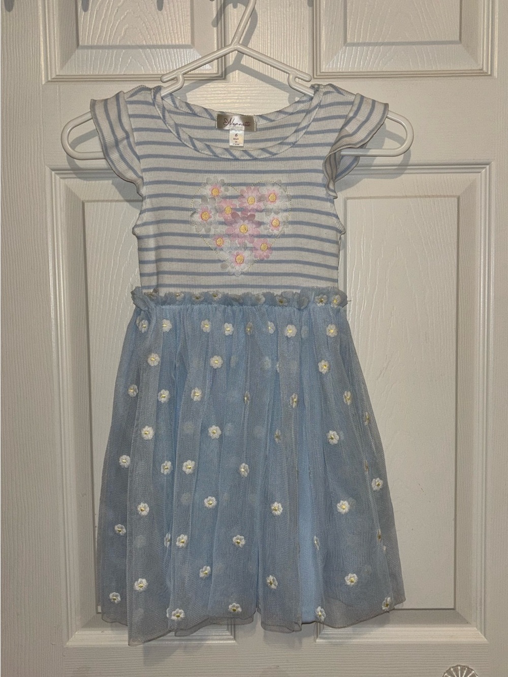 🌼 Nanette Girls Blue Daisy Tulle Dress | Size 6 | Flutter Sleeves